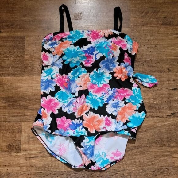 Swimsuit One Piece Floral Black Pink Size 18 Slimming Tropical Aloha - Picture 8 of 8